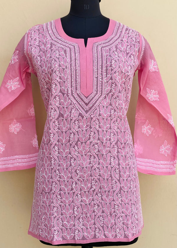 Lucknowi Chikankari Short Kurti Pink Cotton