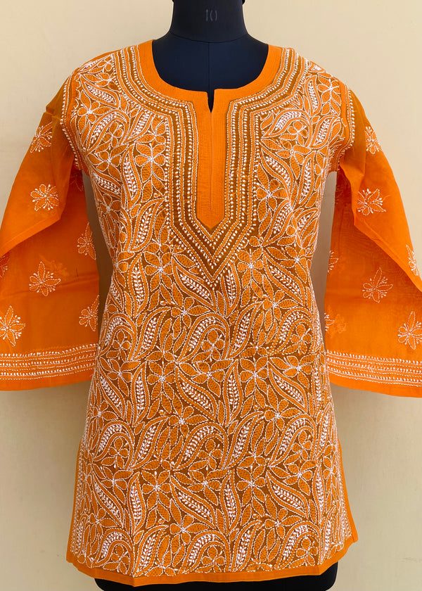 Lucknowi Chikankari Short Kurti Orange Cotton