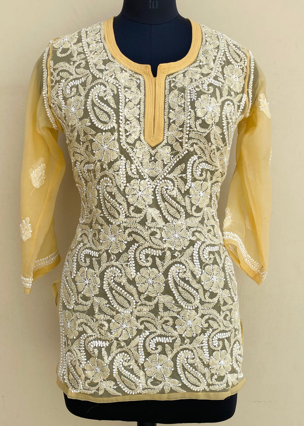 Lucknowi Chikankari Short Kurti Mustard Georgette