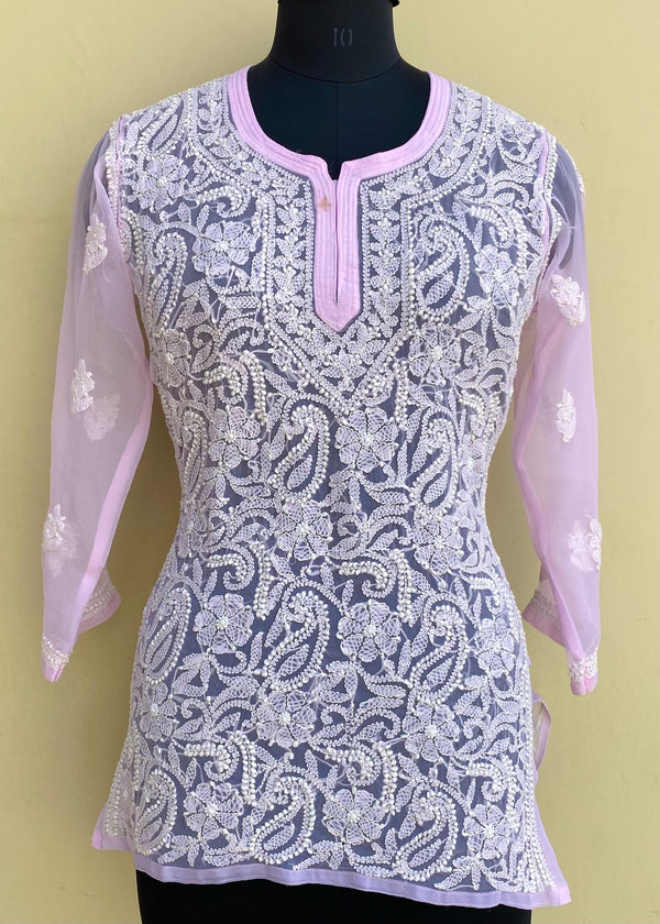 Lucknowi Chikankari Short Kurti Pink Georgette