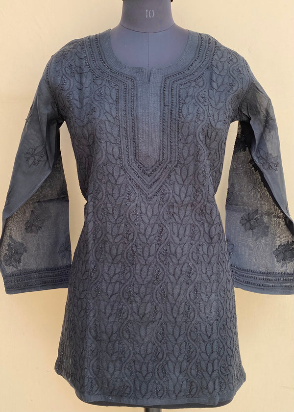 Lucknowi Chikankari Short Kurti Black Cotton