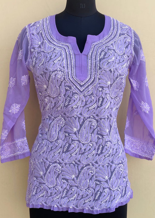 Lucknowi Chikankari Short Kurti Purple Georgette