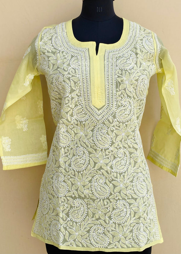 Lucknowi Chikankari Short Kurti Lemon Yellow Cotton