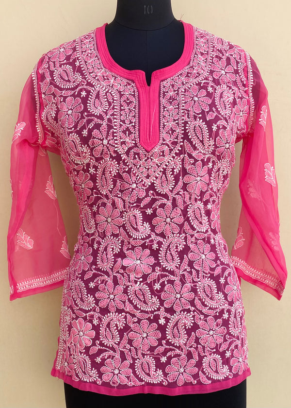 Lucknowi Chikankari Short Kurti Pink Georgette