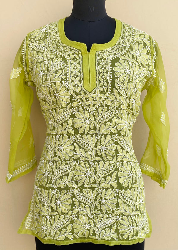 Lucknowi Chikankari Short Kurti Parrot Green Georgette