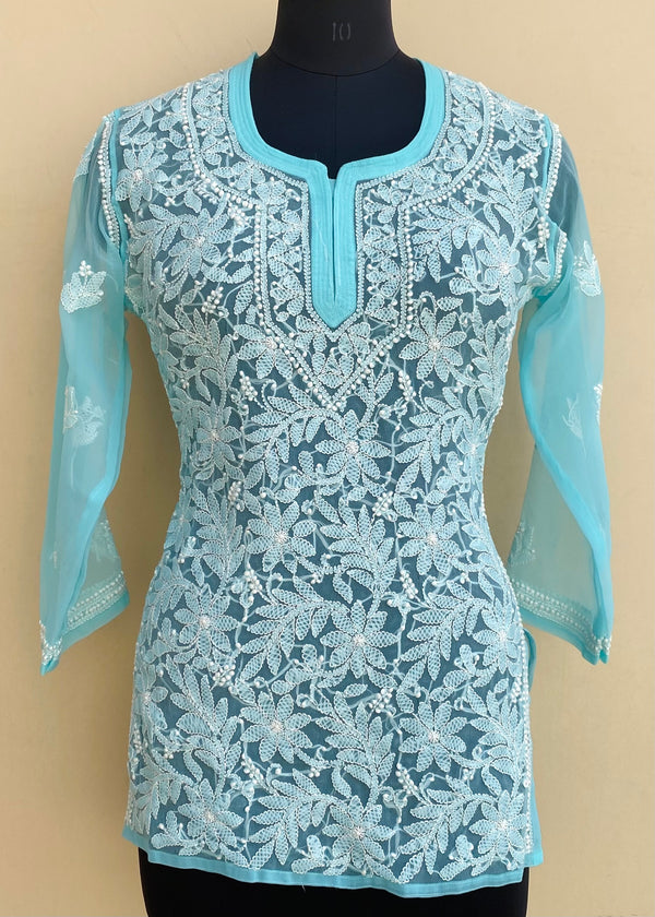 Lucknowi Chikankari Short Kurti Sea Green Georgette