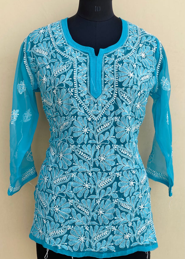 Lucknowi Chikankari Short Kurti Blue Georgette