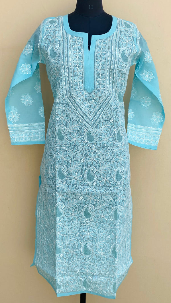 Lucknowi Chikankari Kurti Blue Cotton With Jaali Work