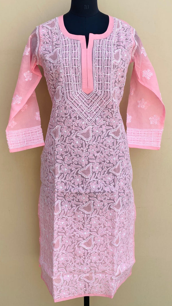 Lucknowi Chikankari Kurti Pink Cotton With Jaali Work