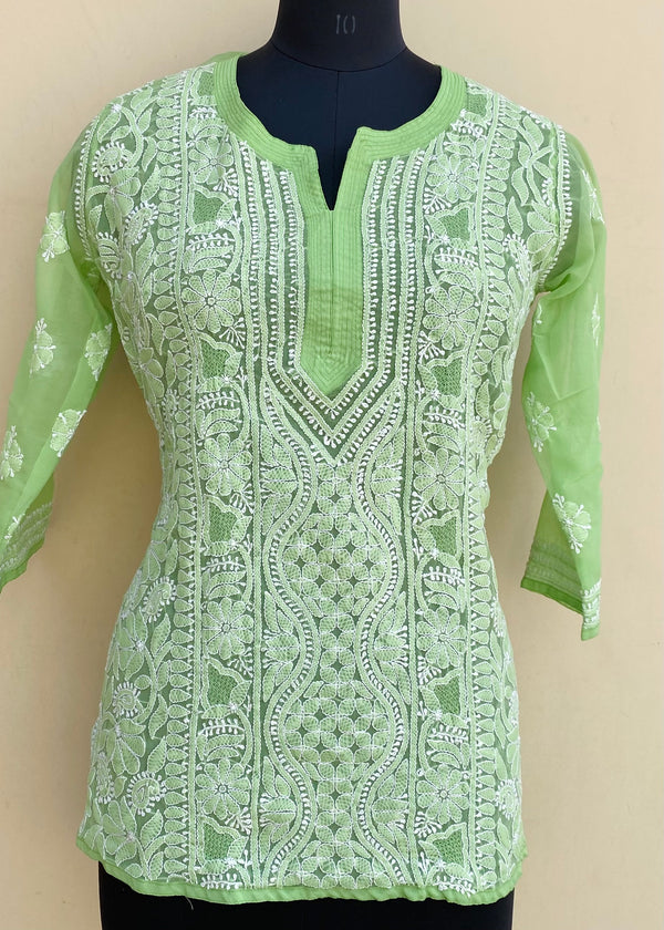 Lucknowi Chikankari Short Kurti Parrot Green Georgette With Jaali Work