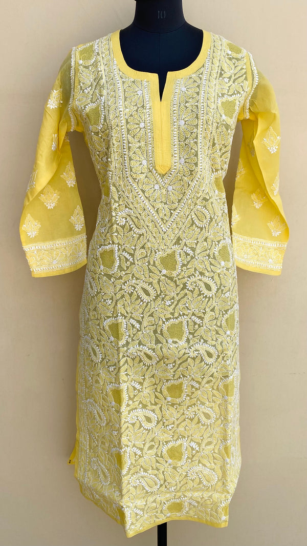 Lucknowi Chikankari Kurti Yellow Cotton With Jaali Work