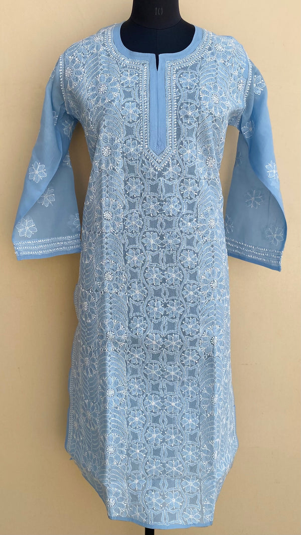 Lucknowi Chikankari Kurti Blue Cotton With Jaali Work