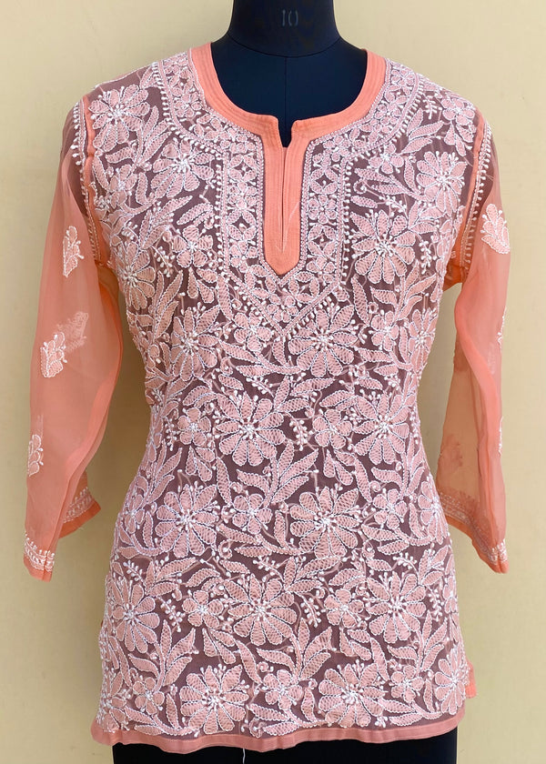 Lucknowi Chikankari Short Kurti Peach Georgette