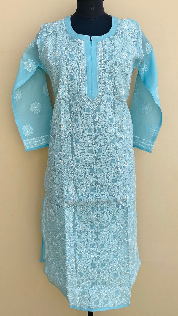 Lucknowi Chikankari Kurti Blue Cotton With Jaali Work