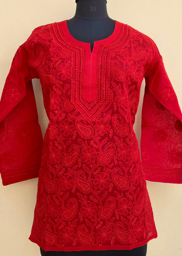 Lucknowi Chikankari Short Kurti Red Cotton