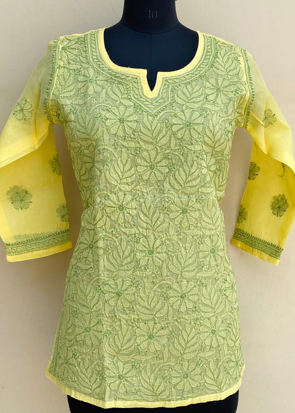 Lucknowi Chikankari Short Kurti Yellow Cotton