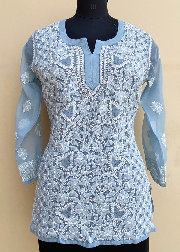 Lucknowi Chikankari Short Kurti  Powder Blue Georgette With Jaali Work