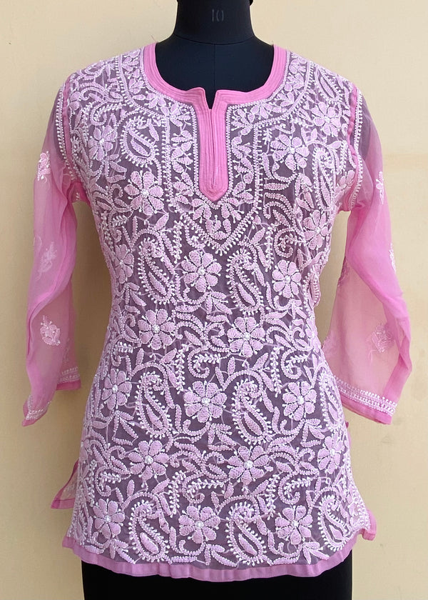 Lucknowi Chikankari Short Kurti  Pink Georgette