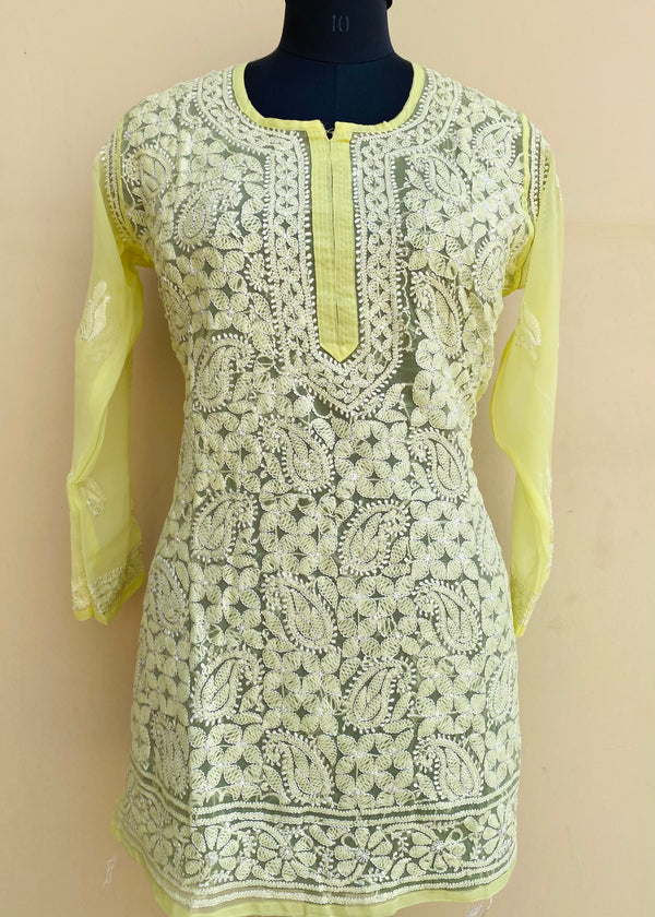 Lucknowi Chikankari Short Kurti Lemon Yellow Georgette With Resham Work