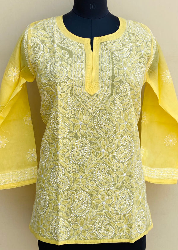 Lucknowi Chikankari Short Kurti Yellow Cotton