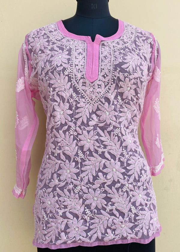 Lucknowi Chikankari Short Kurti  Pink Georgette