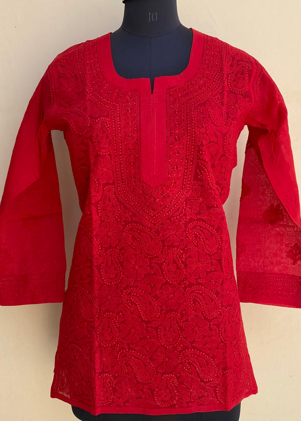 Lucknowi Chikankari Short Kurti Red Cotton