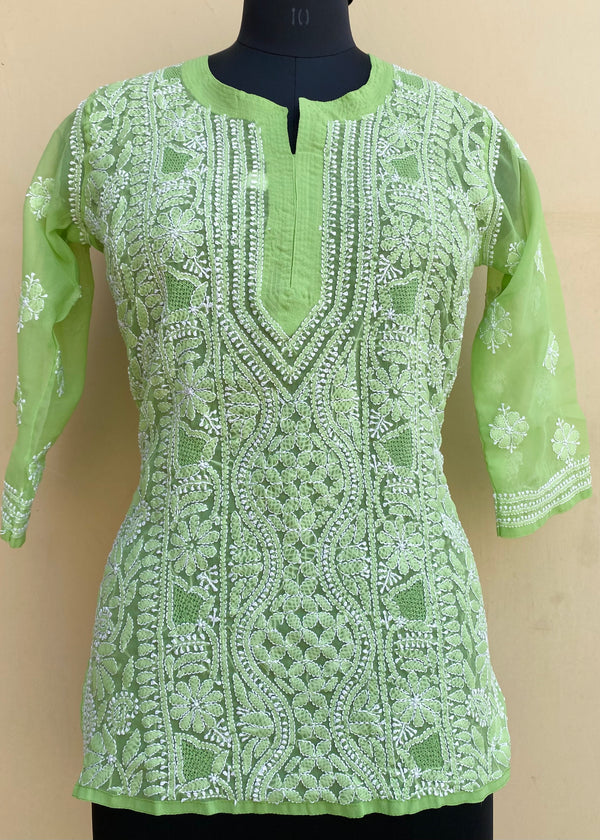 Lucknowi Chikankari Short Kurti Parrot Green Georgette With Jaali Work