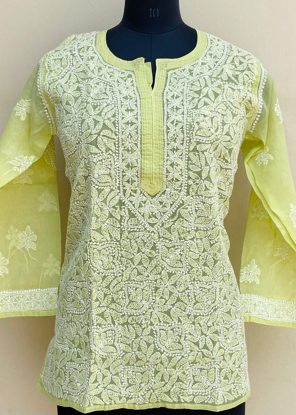 Lucknowi Chikankari Short Kurti Pista Green Cotton