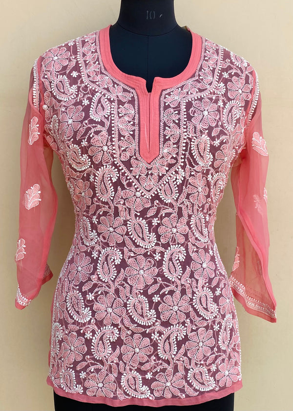 Lucknowi Chikankari Short Kurti Pink Georgette