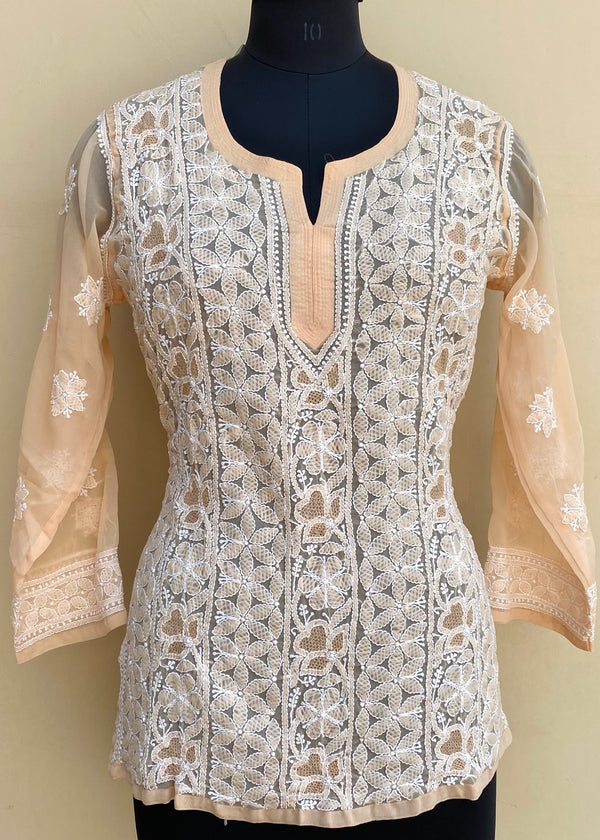 Lucknowi Chikankari Short Kurti Beige Georgette With Jaali Work