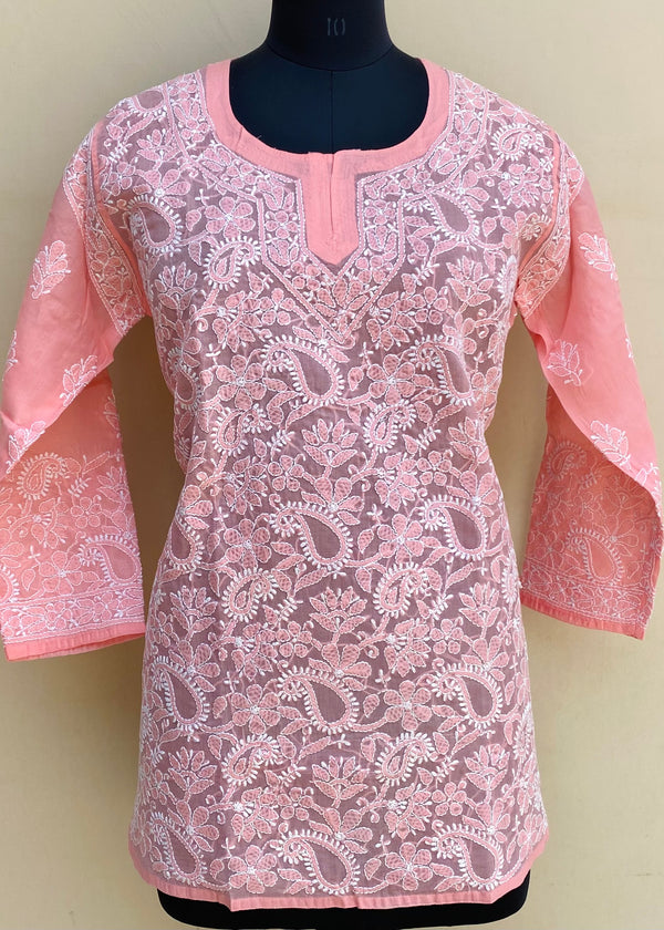 Lucknowi Chikankari Short Kurti Pink Cotton