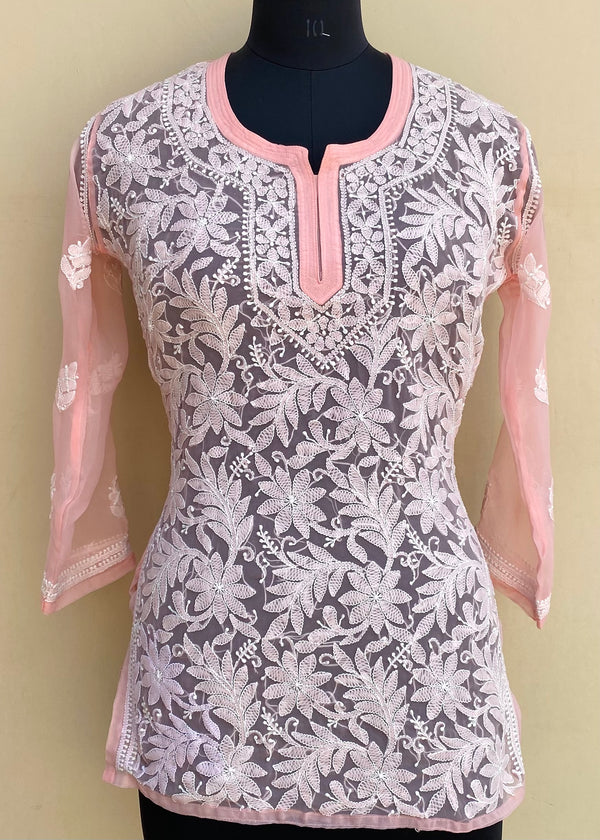 Lucknowi Chikankari Short Kurti Peach Georgette