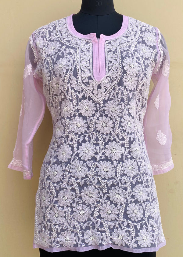 Lucknowi Chikankari Short Kurti Pink Georgette