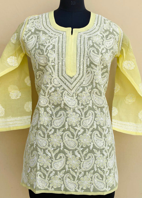 Lucknowi Chikankari Short Kurti Lemon Yellow Cotton