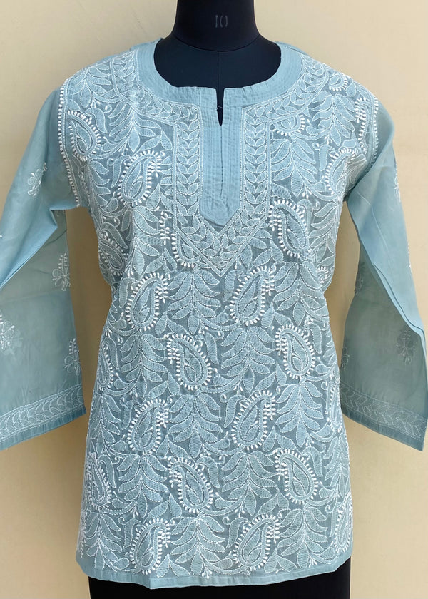 Lucknowi Chikankari Short Kurti Gray Cotton