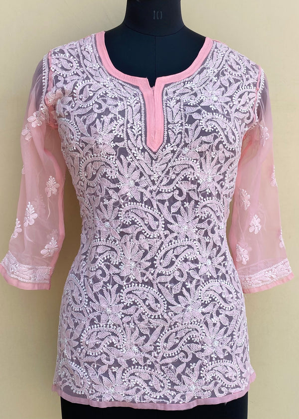 Lucknowi Chikankari Short Kurti Pink Georgette