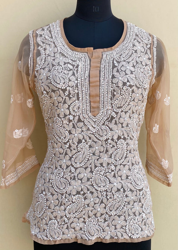 Lucknowi Chikankari Short Kurti Beige Georgette