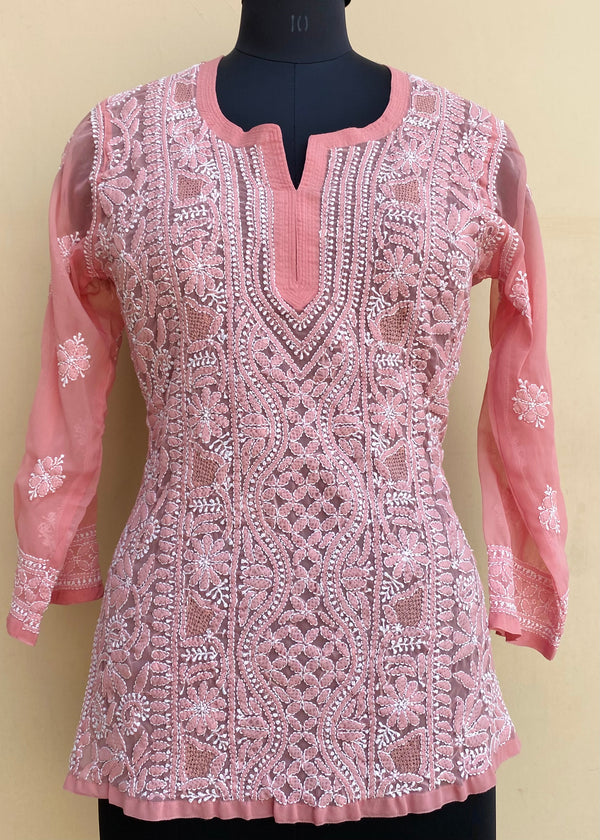 Lucknowi Chikankari Short Kurti Dusty Pink Georgette with Jaali Work