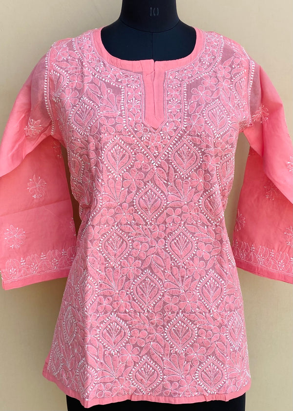 Lucknowi Chikankari Short Kurti Pink Cotton