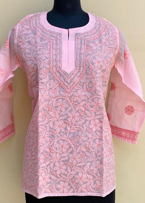 Lucknowi Chikankari Short Kurti Pink Cotton