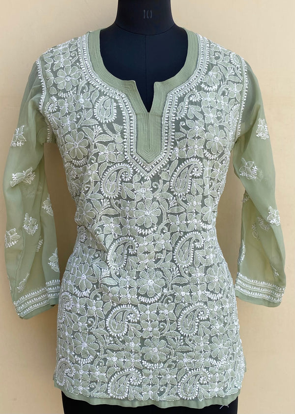 Lucknowi Chikankari Short Kurti Teal Green Georgette