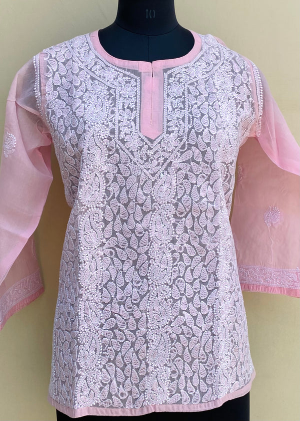 Lucknowi Chikankari Short Kurti Pink Cotton