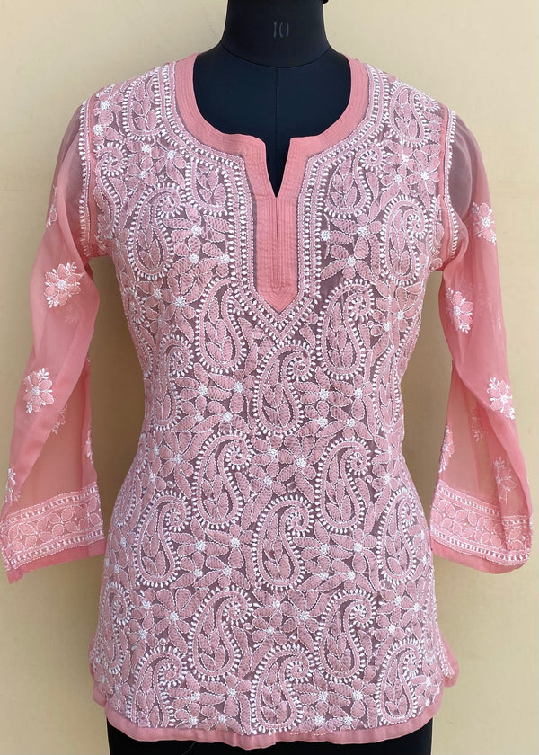 Lucknowi Chikankari Short Kurti Pink Georgette