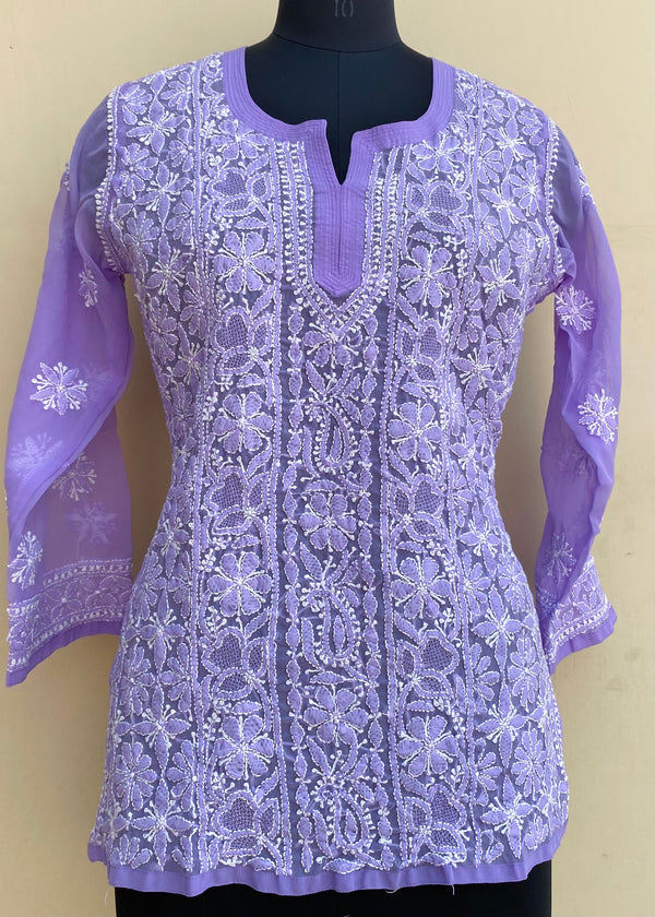 Lucknowi Chikankari Short Kurti Purple Georgette With Jaali Work