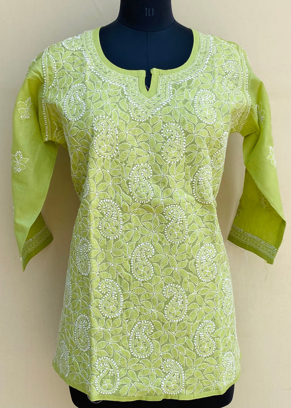 Lucknowi Chikankari Short Kurti Green Cotton