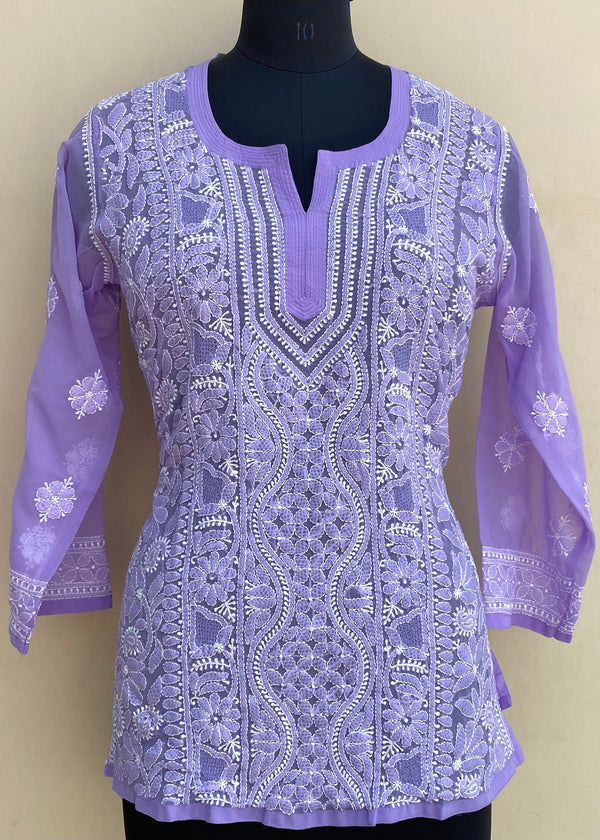 Lucknowi Chikankari Short Kurti Purple Georgette With Jaali Work