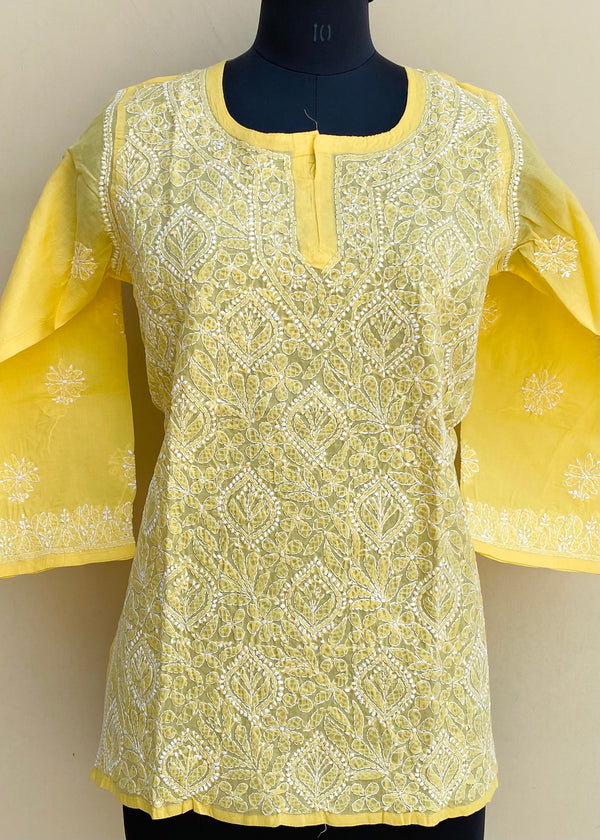 Lucknowi Chikankari Short Kurti Yellow Cotton