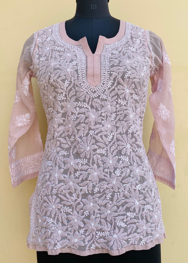 Lucknowi Chikankari Short Kurti Rose Pink Georgette