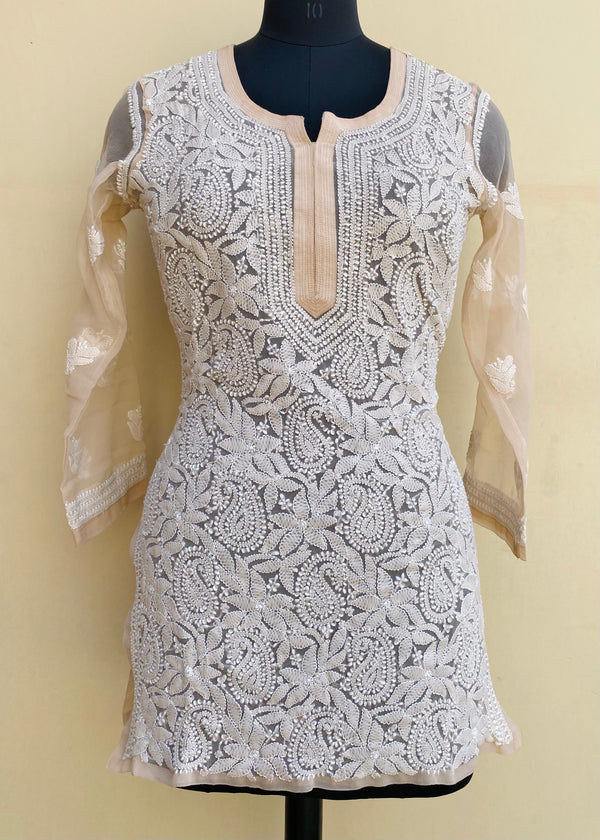 Lucknowi Chikankari Short Kurti Beige Georgette