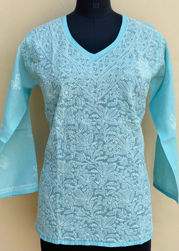 Lucknowi Chikankari Short Kurti Blue Cotton